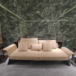 Warm Sand Leather Sofa Set with Natural Burl Wood Veneer, Polished Stainless Steel Trim & Fluid Curved Silhouette